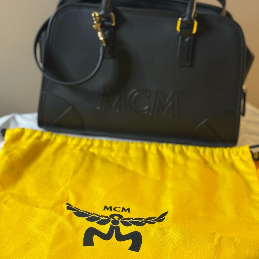 MCM Black Satchel with Vibrant Yellow Cover